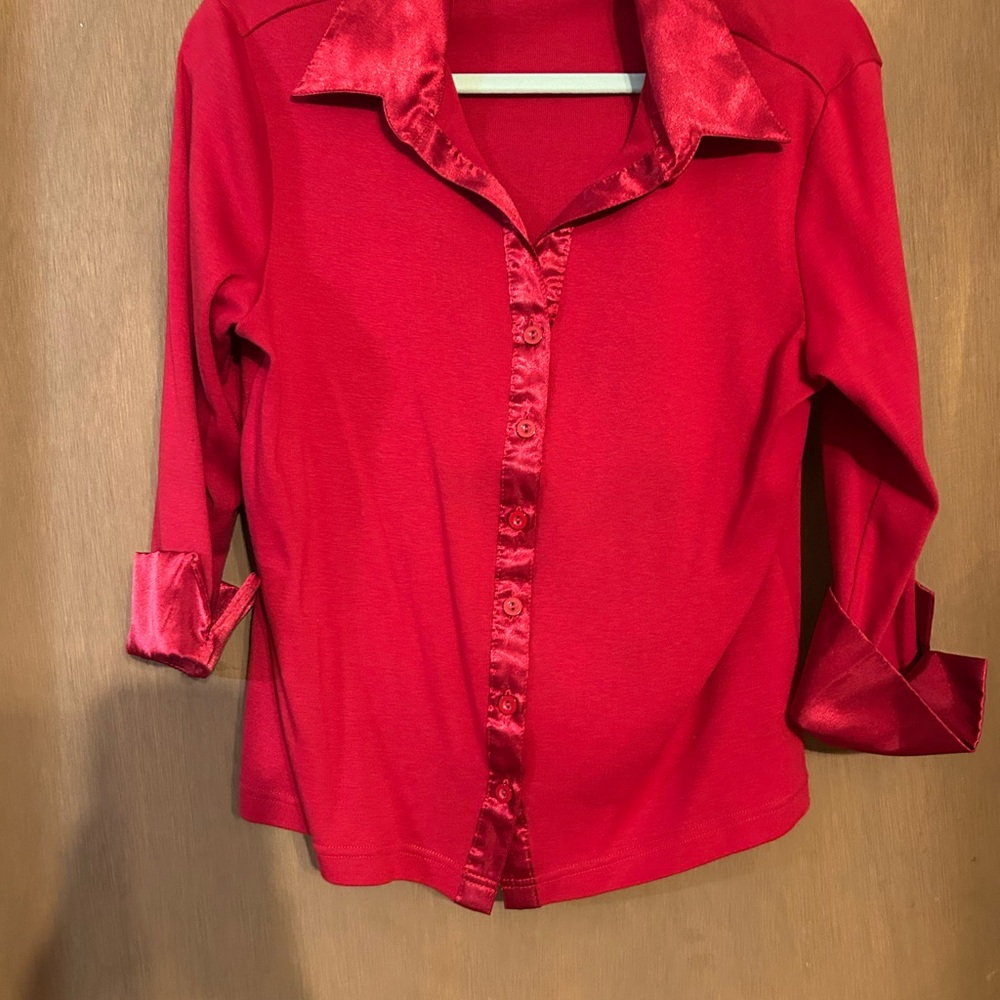 Fashion Bug Red Satin-Accented Button Down Shirt